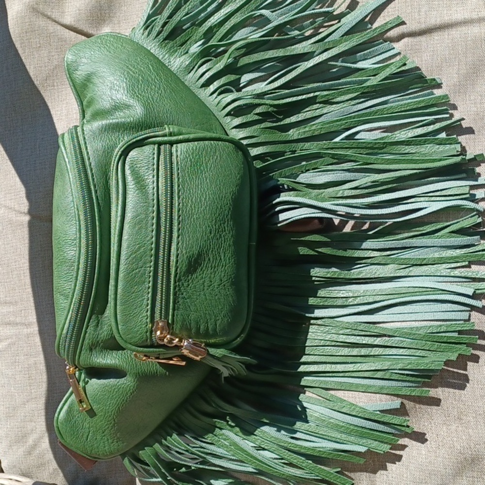 Olive Green Crossbody Belt Bag, Bum Bag with Fringe, Gold Hardware, Brown Strap